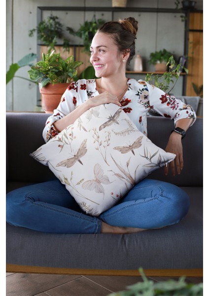 Premium Tay Tüyü Dokuma Kelebekli Kumaş Çift Taraflı Kırlent Yastık Kılıfı 43X43 Cm KRL084
