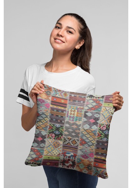 Tay Tüyü Dokuma Premium Kumaş Çift Taraflı Kırlent Patchwork Yastık Kılıfı 43X43 Cm KRL152