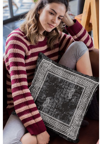 Tay Tüyü Dokuma Premium Kumaş Çift Taraflı Kırlent Yastık Kılıfı Eskitme Çerçeveli 43X43 Cm KRL325 fırsatları