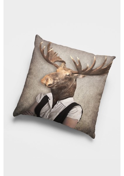 Dokuma Premium Tay Tüyü Kumaş Kıyafetli Geyik Çift Taraflı Kırlent Kılıfı 43X43 Cm KRL871
