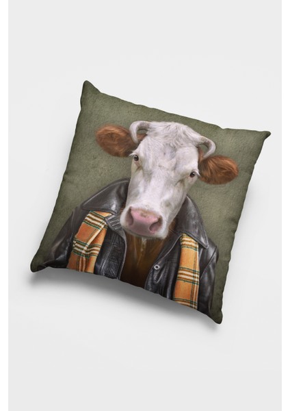Premium Tay Tüyü Dokuma Kumaş Çift Taraflı Kıyafetli Inek Kırlent Kılıfı 43X43 Cm KRL952