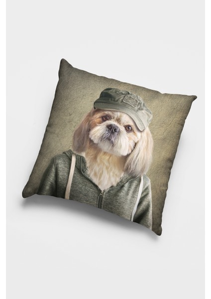 Tay Tüyü Dokuma Kıyafetli Köpek Premium Kumaş Çift Taraflı Kırlent Kılıfı 43X43 Cm KRL955