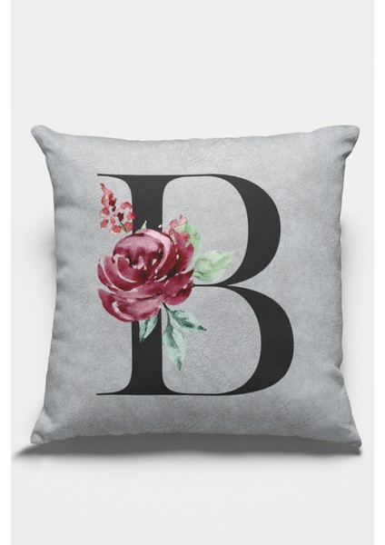 43X43 Cm Gri Premium Kumaş Tay Tüyü Döşemelik Dekoratif Çift Taraflı B Harfli Kırlent Kılıfı KRL563
