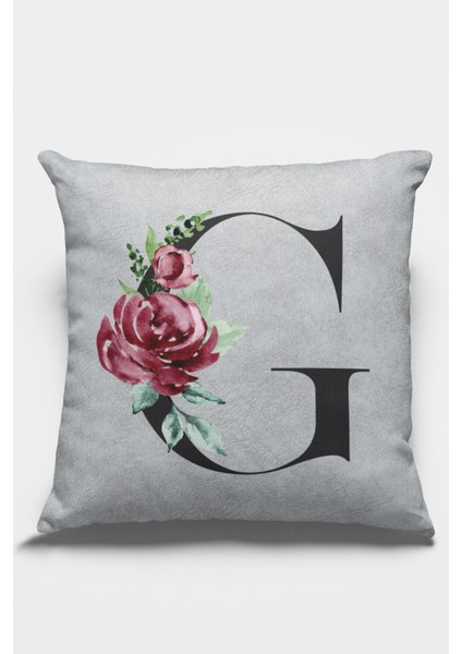 43X43 Cm Gri Döşemelik Tay Tüyü Premium Kumaş Dekoratif Çift Taraflı G Harfli Yastık Kılıfı KRL569