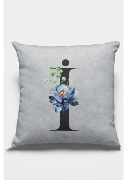 43X43 Cm Gri I Harfli Kırlent Kılıfı Tay Tüyü Döşemelik Premium Kumaş Dekoratif Çift Taraflı KRL572