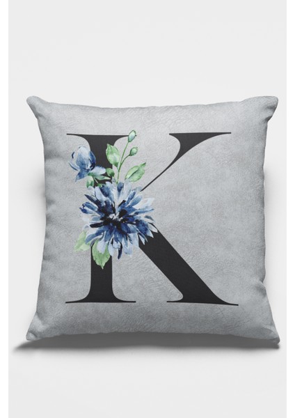 43X43 Cm Gri Tay Tüyü Döşemelik Premium Kumaş Dekoratif Çift Taraflı K Harfli Kırlent Kılıfı KRL574