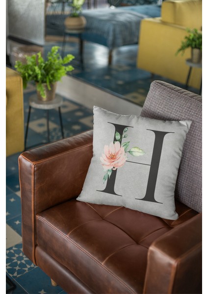 43X43 Cm Gri Çift Taraflı Tay Tüyü Döşemelik Premium Kumaş Dekoratif H Harfli Kırlent Kılıfı KRL570 modelleri