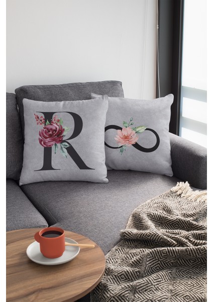 43X43 Cm Gri Döşemelik Tay Tüyü Premium Kumaş Dekoratif Çift Taraflı R Harfli Yastık Kılıfı KRL581 fiyatları