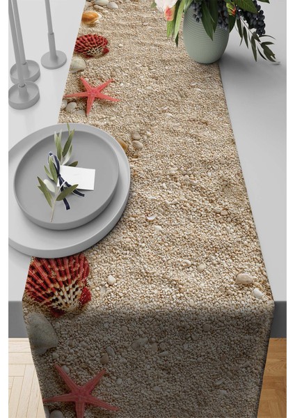 Elit Tay Tüyü Dokuma Leke Tutmaz Kumaş Masa Örtüsü Runner 3D Sahil 40X140 Cm RNR125