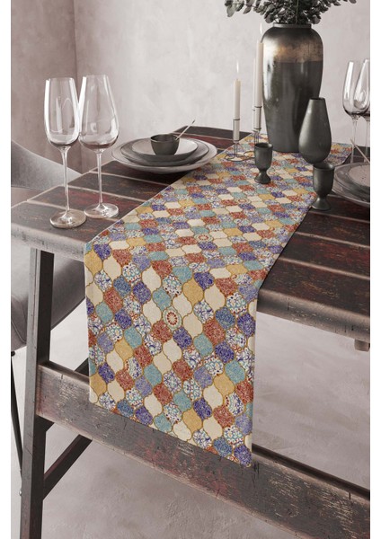 Dokuma Leke Tutmaz Elit Tay Tüyü Kumaş Çini Desen Masa Örtüsü Runner 40X140 Cm RNR200