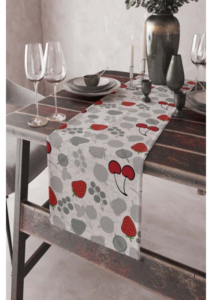 Leke Tutmaz Elit Tay Tüyü Dokuma Kumaş Masa Örtüsü Runner Çilek ve Kiraz 40X140 Cm RNR228