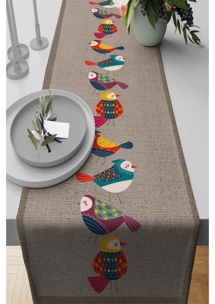 Tay Tüyü Dokuma Elit Leke Tutmaz Kumaş Masa Örtüsü Runner Kuşlu 40X140 Cm RNR210