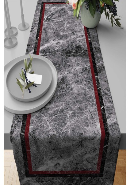 Dokuma Leke Tutmaz Elit Tay Tüyü Kumaş Masa Örtüsü Runner Mermer Çerçeveli 40X140 Cm RNR242