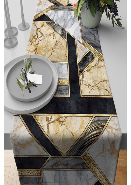 Tay Tüyü Dokuma Geometrik Mermer Elit Leke Tutmaz Kumaş Masa Örtüsü Runner 40X140 Cm RNR257