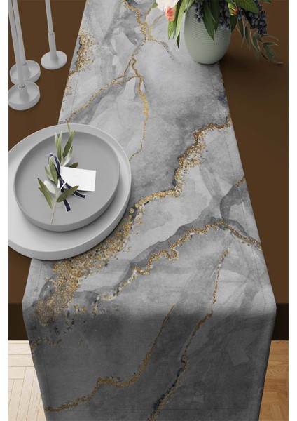 Tay Tüyü Dokuma Mermer Elit Leke Tutmaz Kumaş Masa Örtüsü Runner 40X140 Cm RNR255