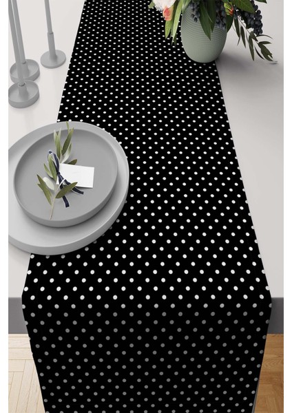 Siyah Runner Puantiyeli Tay Tüyü Dokuma Elit Leke Tutmaz Kumaş Masa Örtüsü 40X140 Cm RNR298