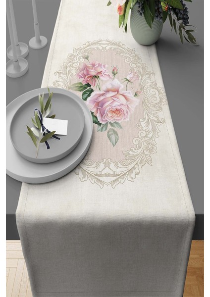 Dokuma Leke Tutmaz Elit Tay Tüyü Kumaş Masa Örtüsü Runner Pembe Güllü 40X140 Cm RNR314