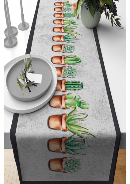 Runner Kaktüs Desenli Tay Tüyü Dokuma Elit Leke Tutmaz Kumaş Masa Örtüsü 40X140 Cm RNR335