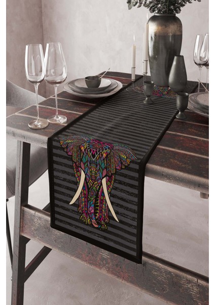 Siyah Runner Fil Desenli Tay Tüyü Dokuma Elit Leke Tutmaz Kumaş Masa Örtüsü 40X140 Cm RNR359