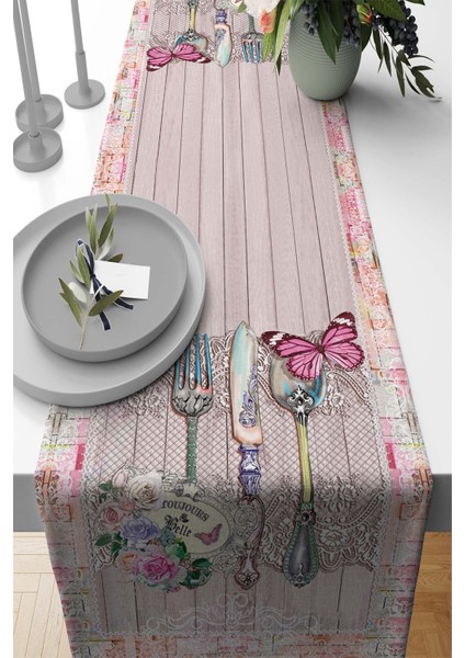 Dokuma Kumaş Elit Tay Tüyü Leke Tutmaz Masa Örtüsü Runner Kelebekli 40X140 Cm RNR360