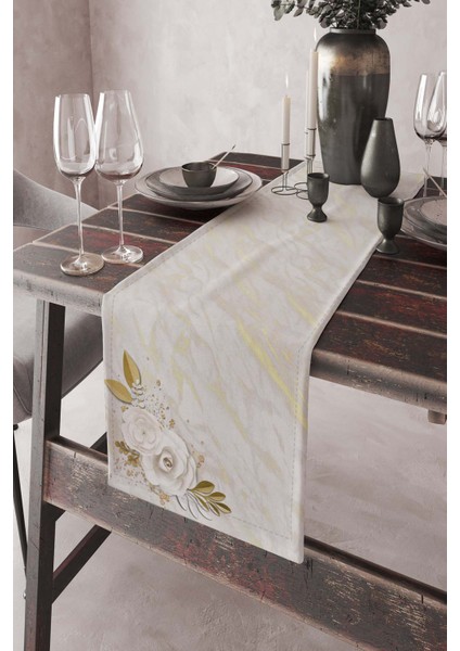 Dokuma Kumaş Elit Tay Tüyü Leke Tutmaz Masa Örtüsü Runner Gold Güller 40X140 Cm RNR437