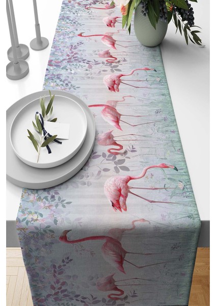 Flamingo Desen Tay Tüyü Dokuma Elit Leke Tutmaz Kumaş Masa Örtüsü Runner 40X140 Cm RNR428