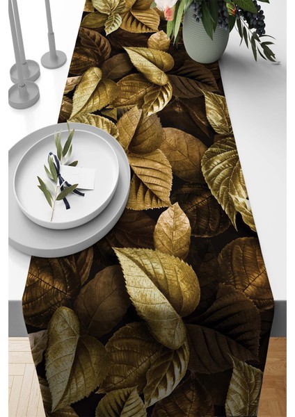 Dokuma Kumaş Elit Tay Tüyü Leke Tutmaz Masa Örtüsü Runner Gold Yapraklar 40X140 Cm RNR460