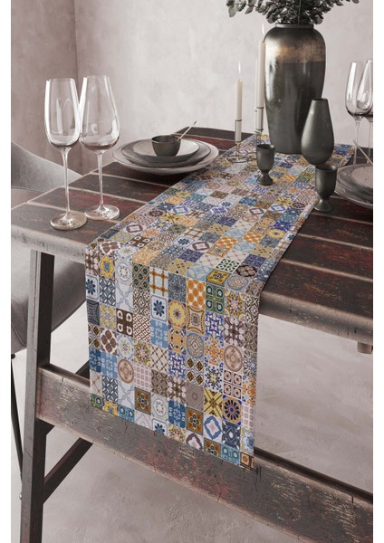 Tay Tüyü Dokuma Elit Leke Tutmaz Kumaş Masa Örtüsü Çini Desen Runner 40X140 Cm RNR198