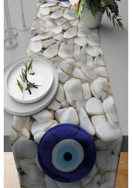 Masa Örtüsü Runner Elit Tay Tüyü Dokuma Leke Tutmaz Kumaş Nazar Boncuğu 40X140 Cm RNR277