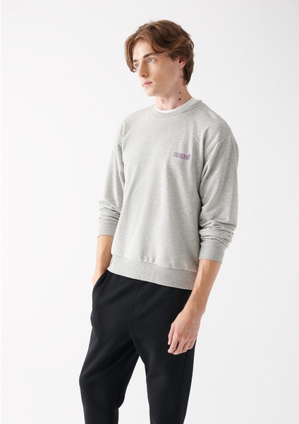 Erkek Mavi Logo Baskılı Bisiklet Yaka Gri Sweatshirt 0610704-80196