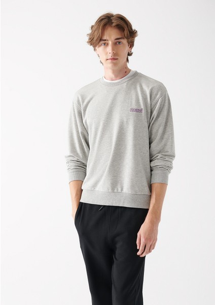 Erkek Mavi Logo Baskılı Bisiklet Yaka Gri Sweatshirt 0610704-80196