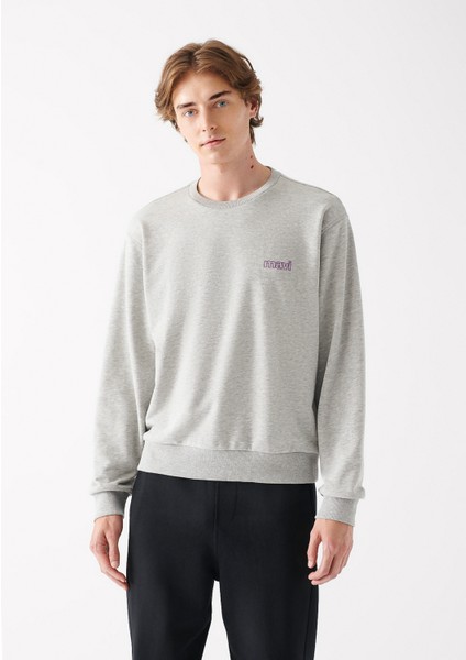 Erkek Mavi Logo Baskılı Bisiklet Yaka Gri Sweatshirt 0610704-80196