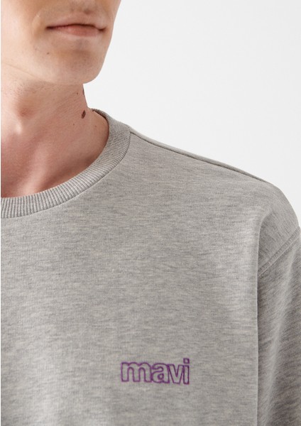 Erkek Mavi Logo Baskılı Bisiklet Yaka Gri Sweatshirt 0610704-80196