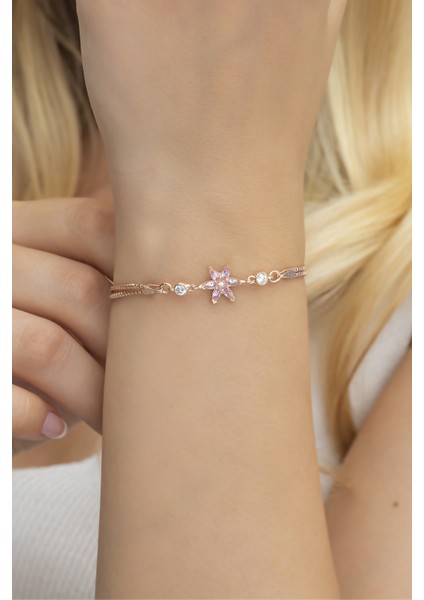 925 Ayar Pembe Taşlı Lotus Çiçeği Gümüş Bileklik fiyatları