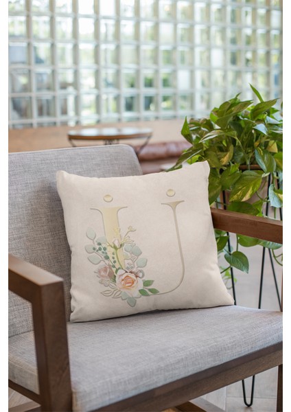 43 x 43 cm Bej Çift Taraflı Premium Tay Tüyü Döşemelik Kumaş Dekoratif Ü Harfli Kırlent Kılıfı KRL555 fiyatları