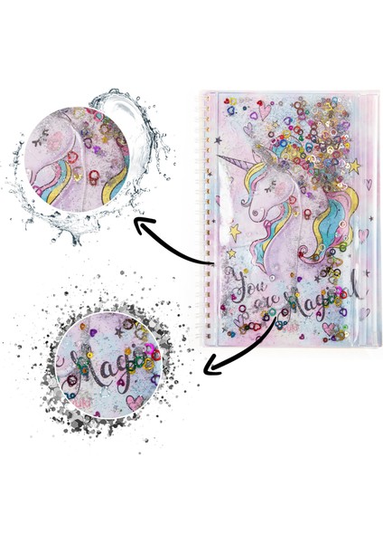 A5 Boy Simli ve Sulu Şeffaf Kalemlikli Defter Unicorn fırsatları