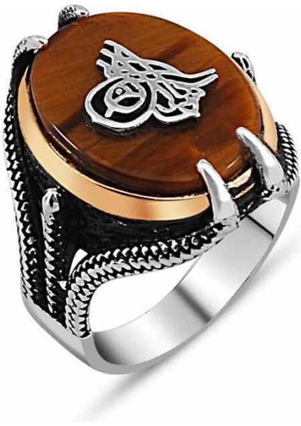 Gümüş Kaplan Gözü Taşlı Tuğralı Erkek Yüzük modelleri