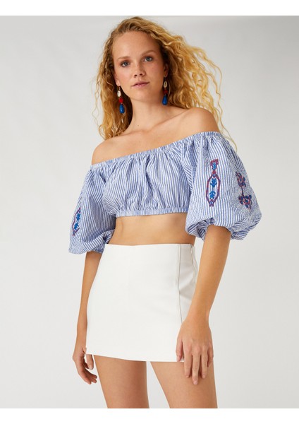 Nakışlı Crop Bluz Omzu Açık fiyatları