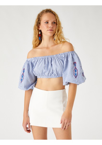 Nakışlı Crop Bluz Omzu Açık modelleri