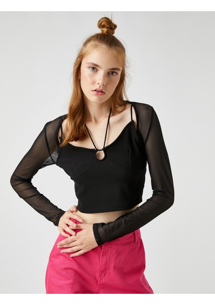 Koton Uzun Kollu Tişört Crop Pencere Detaylı