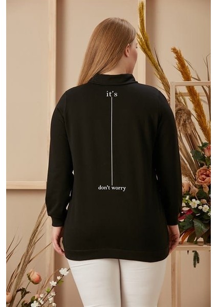 Taş Işlemeli Büyük Beden Baskılı Taşlı Siyah Sweatshirt