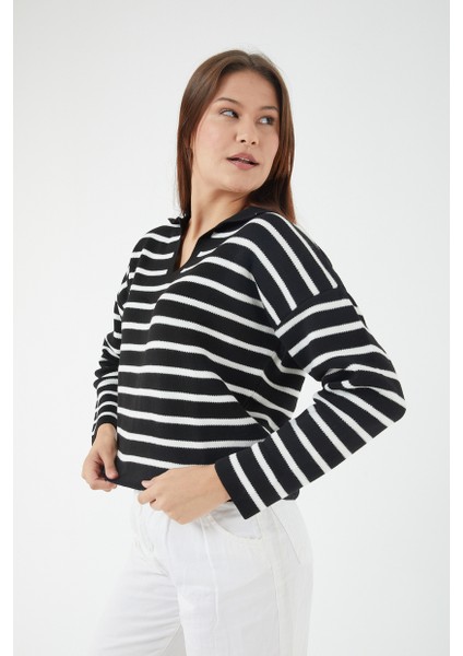 Kadın Çizgili Polo Yaka Triko Kazak fiyatları