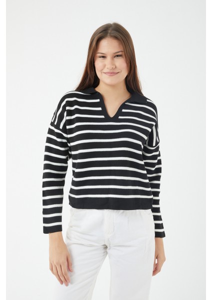 Kadın Çizgili Polo Yaka Triko Kazak fırsatları