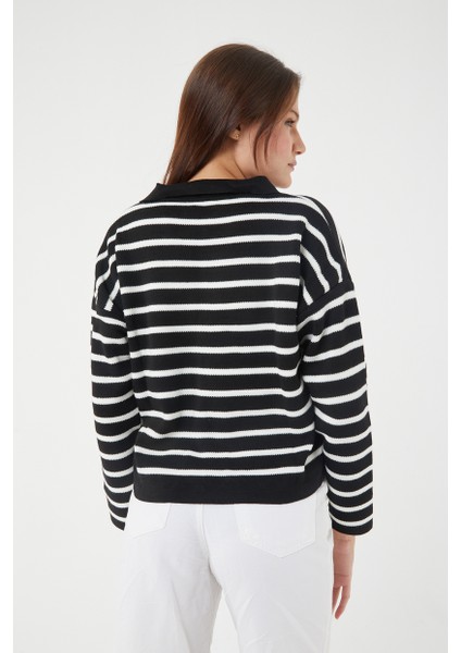 Kadın Çizgili Polo Yaka Triko Kazak indirimleri