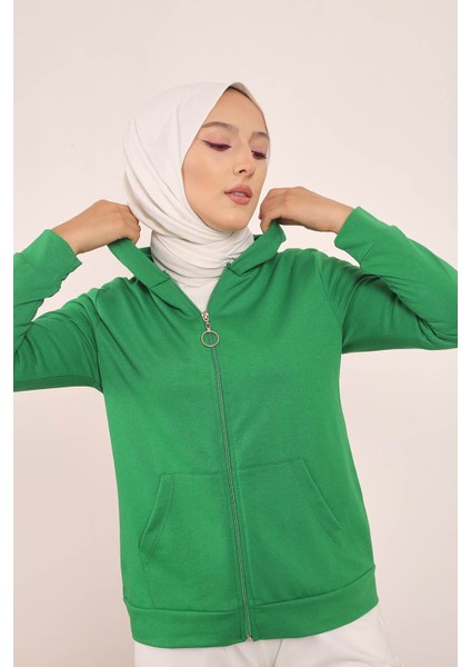 İmaj Butik Yeşil Kadın Kapüşonlu Likralı Ön Fermuarlı Cepli Sweatshirt