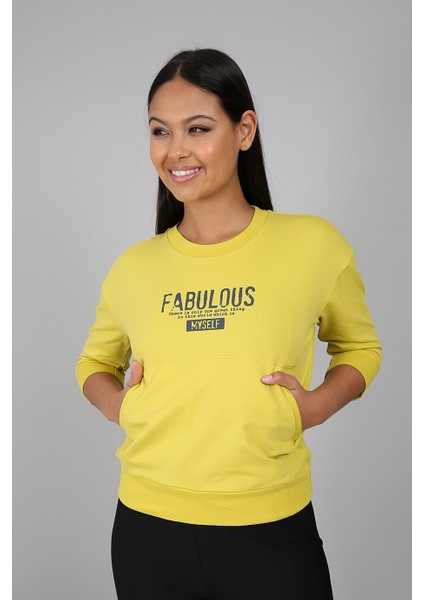 Baskılı Kanguru Cepli Yarım Kollu Sweatshirt