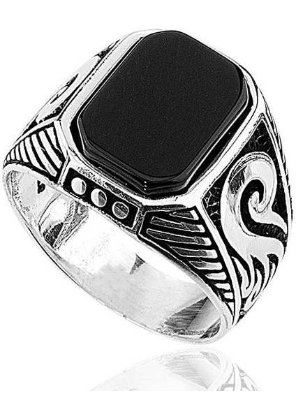 Gümüş Siyah Taşlı Erkek Yüzük