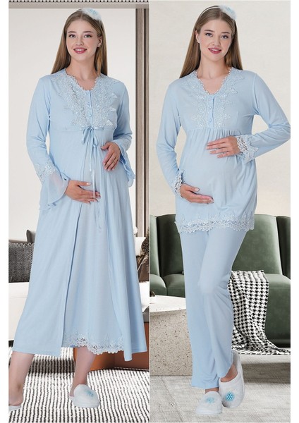 1519 Mavi Lohusa Sabahlık Gecelik Pijama Set