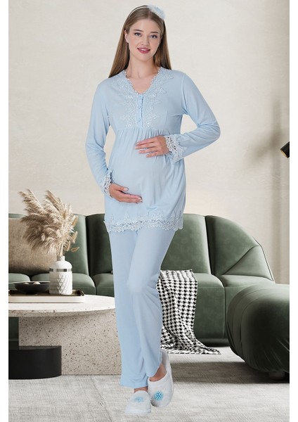 1519 Mavi Lohusa Sabahlık Gecelik Pijama Set