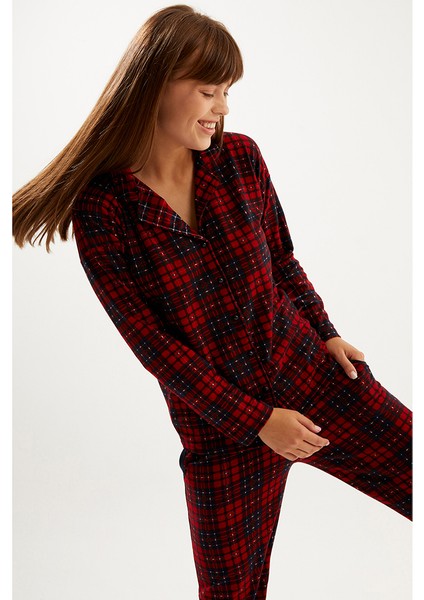 Kırmızı Siyah Ekose Süet Düğmeli Bebe Yaka Uzun Kol Uzun Alt Pijama Takım modelleri
